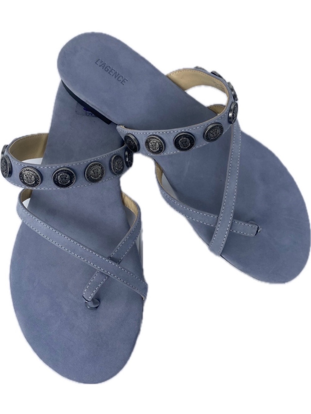 L'AGENCE NWOT  Hanna Dusty Luxury Lavender Gray Blue  Studded Toe-Loop Sandals
